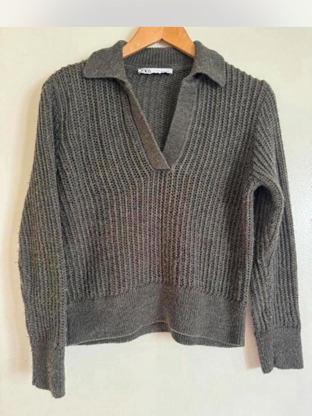 Zara Olive Gray Ribbed V-Neck Collared Sweater